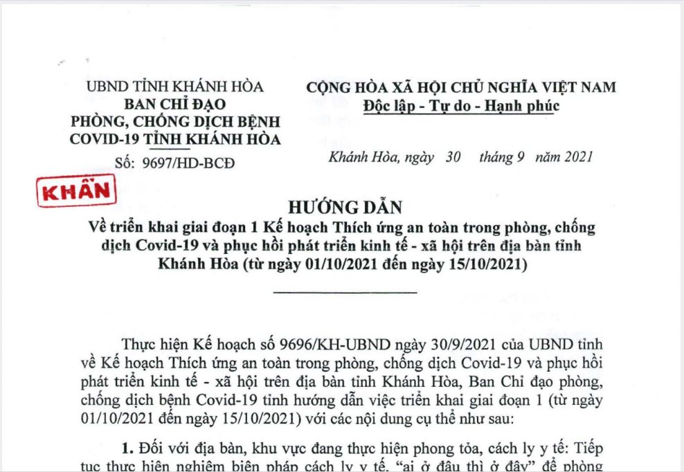 Hướng dẫn việc triển khai giai đoạn 1 Kế hoạch Thích ứng an toàn trong phòng, chống dịch Covid-19 và phục hồi phát triển kinh tế - xã hội trên địa bàn tỉnh Khánh Hòa