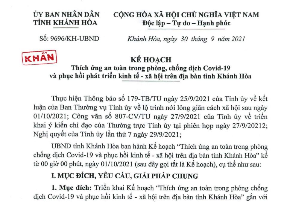 Kế hoạch Thích ứng an toàn trong phòng, chống dịch Covid-19 và phục hồi kinh tế - xã hội trên địa bàn tỉnh Khánh Hòa từ ngày 1-10