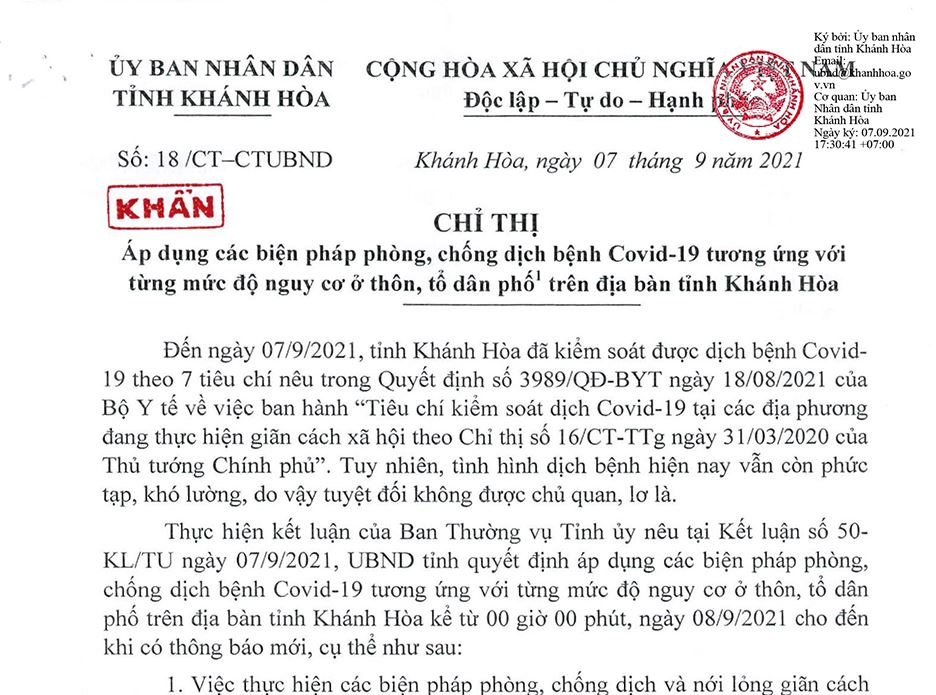 Chỉ thị áp dụng các biện pháp phòng, chống dịch bệnh Covid-19 tương ứng với từng mức độ nguy cơ ở thôn, tổ dân phố trên địa bàn tỉnh Khánh Hòa