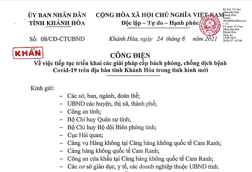 Công điện về triển khai các giải pháp cấp bách phòng, chống dịch bệnh Covid-19 trên địa bàn tỉnh trong tình hình mới