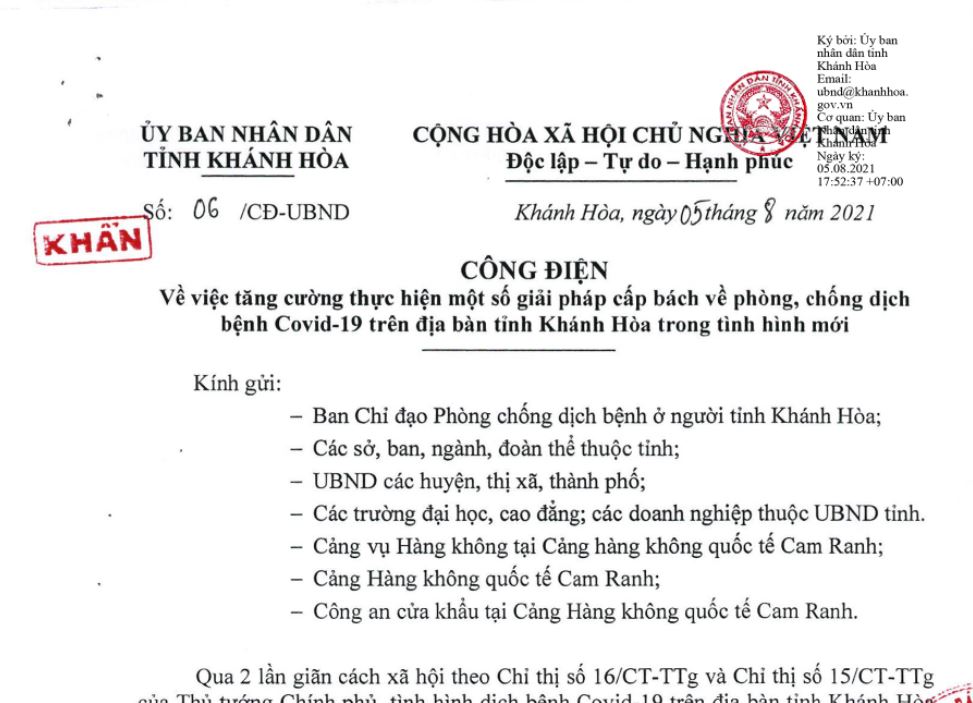 Thực hiện giãn cách xã hội theo Chỉ thị 16 trên toàn tỉnh Khánh Hòa từ 0 giờ ngày 6-8-2021