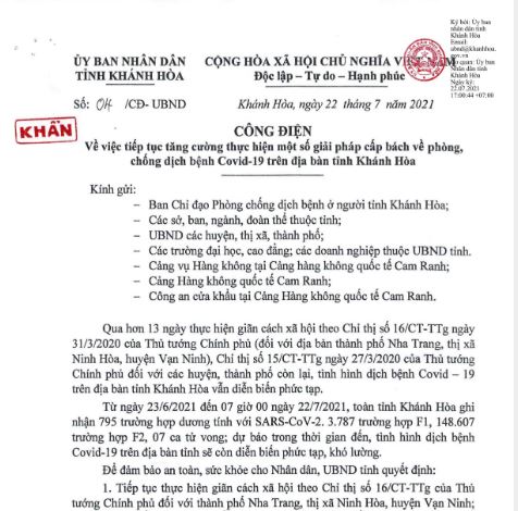 Công điện khẩn của UBND tỉnh Khánh Hòa