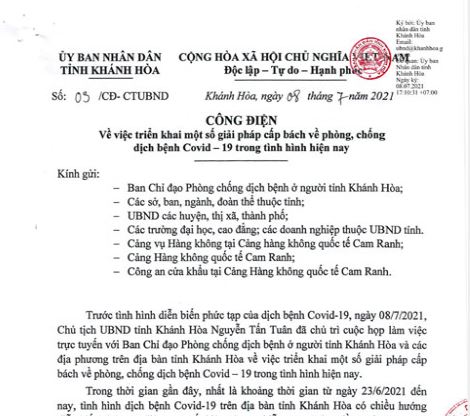 Công điện của UBND tỉnh Khánh Hòa về việc triển khai một số giải pháp cấp bách về phòng, chống dịch bệnh Covid-19 trong tình hình hiện nay